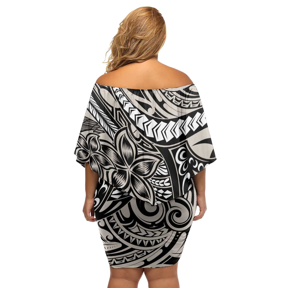 Polynesian Girl Tribal Tattoo Family Matching Off Shoulder Short Dress and Hawaiian Shirt Beige Vibe LT9 - Polynesian Pride