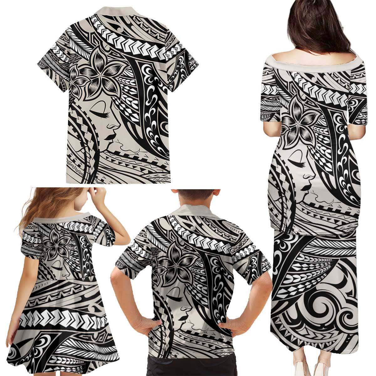 Polynesian Girl Tribal Tattoo Family Matching Puletasi and Hawaiian Shirt Beige Vibe LT9 - Polynesian Pride