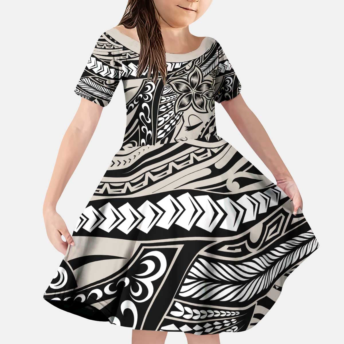 Polynesian Girl Tribal Tattoo Kid Short Sleeve Dress Beige Vibe LT9 KID Beige - Polynesian Pride