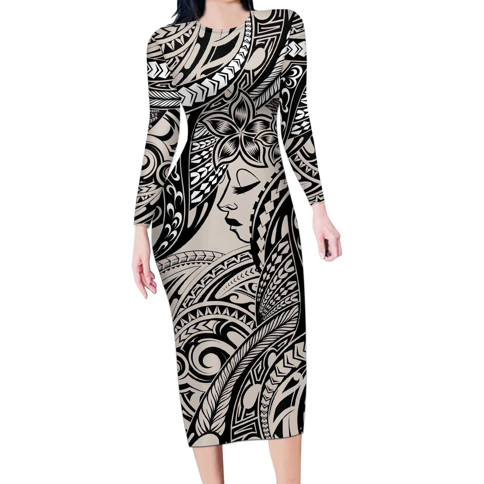 Polynesian Girl Tribal Tattoo Long Sleeve Bodycon Dress Beige Vibe