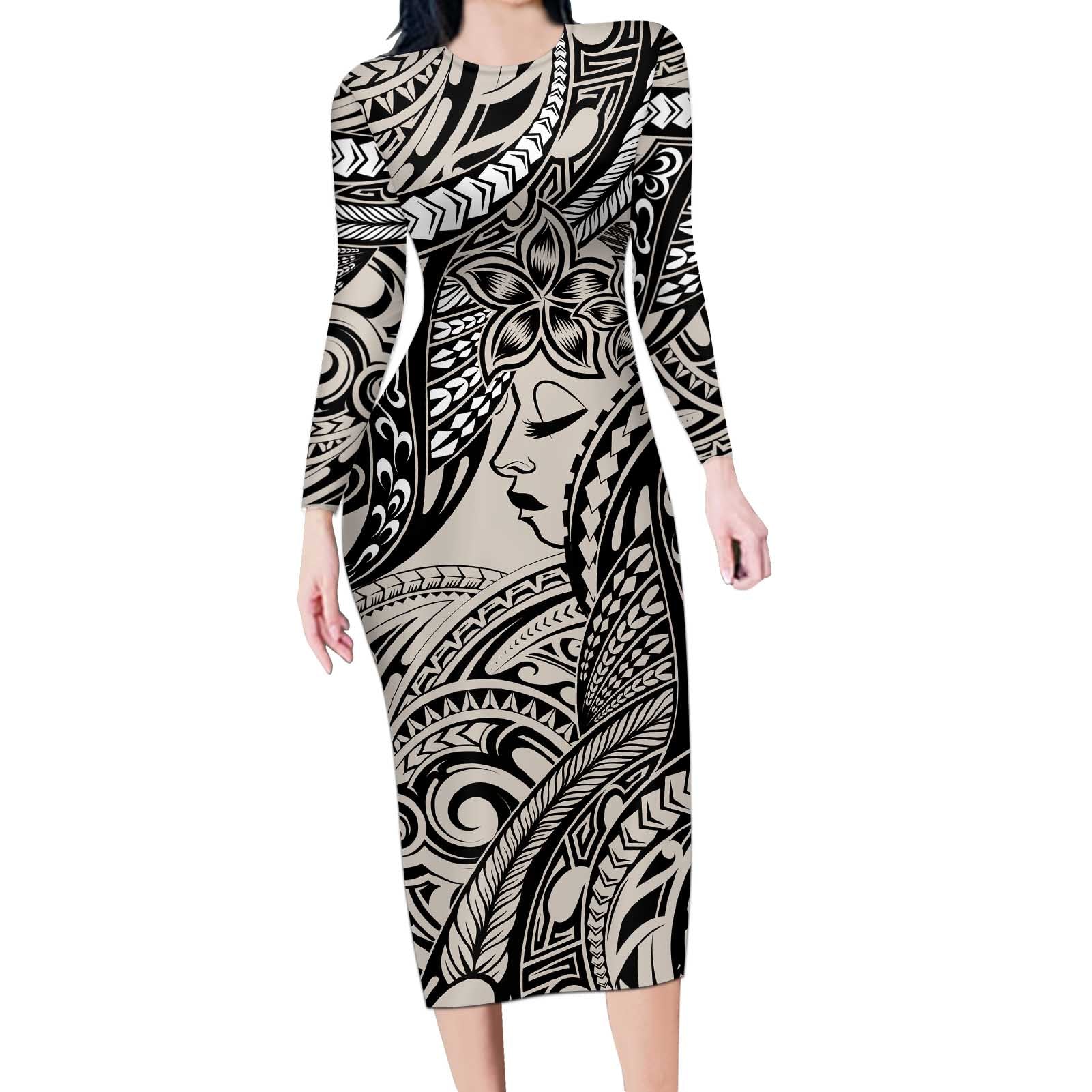 Polynesian Girl Tribal Tattoo Long Sleeve Bodycon Dress Beige Vibe