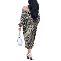 Polynesian Girl Tribal Tattoo Off The Shoulder Long Sleeve Dress Beige Vibe