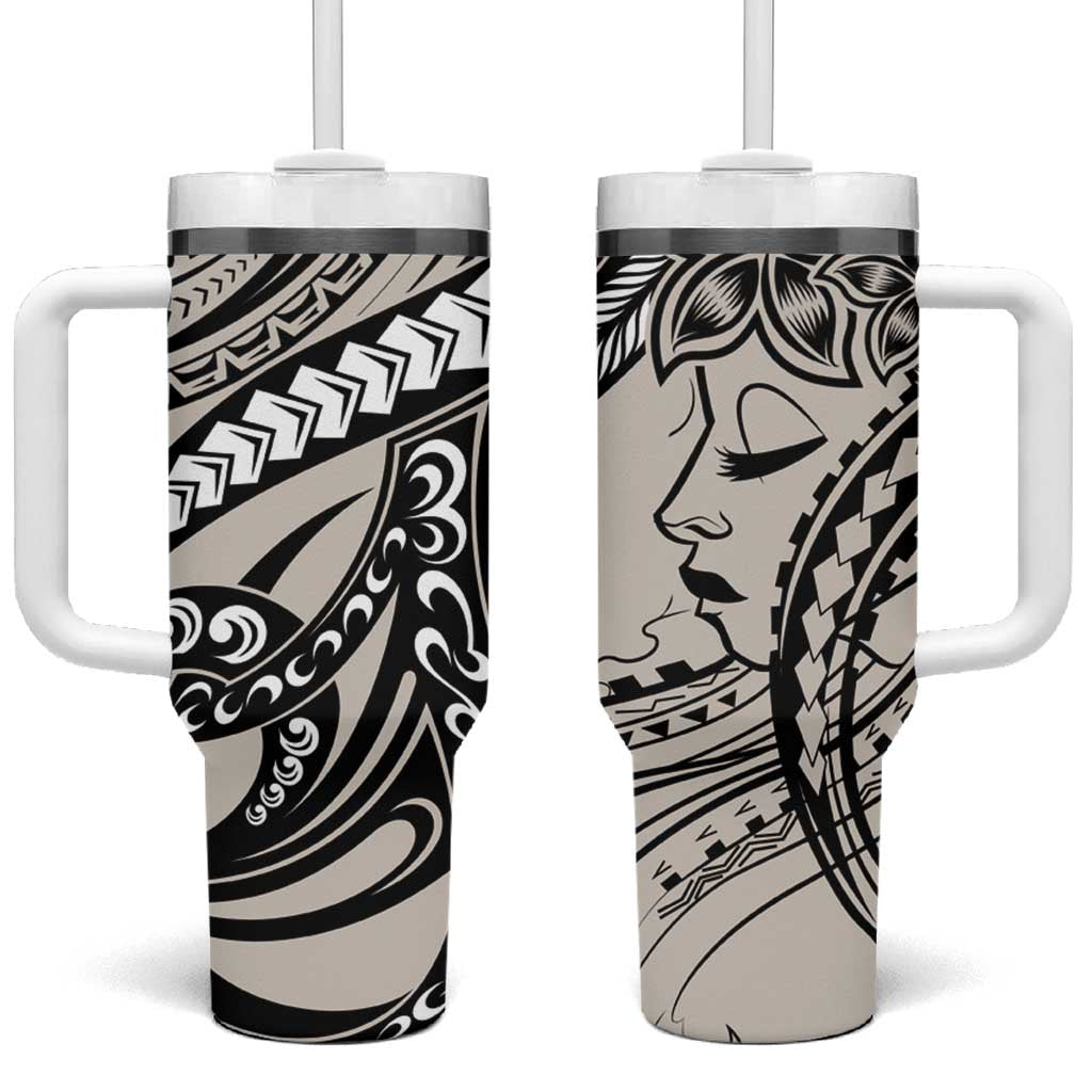 Polynesian Girl Tribal Tattoo Tumbler With Handle Beige Vibe