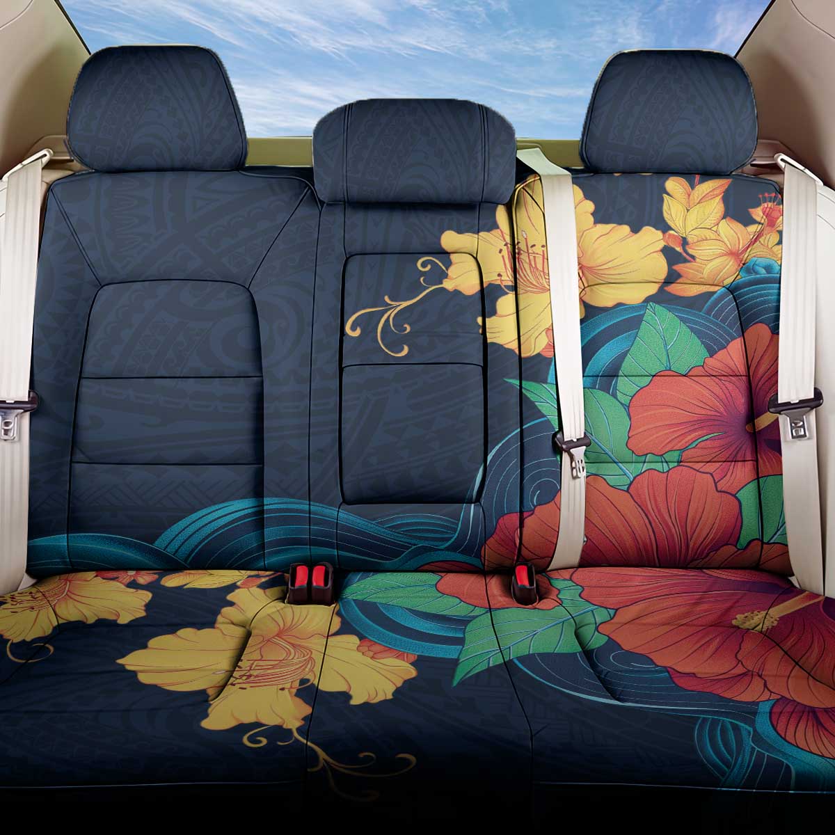 Polynesian Hibiscus Flower Waves Pattern Back Car Seat Cover