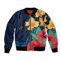 Polynesian Hibiscus Flower Waves Pattern Bomber Jacket