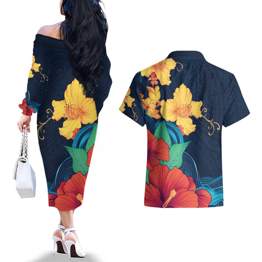Polynesian Hibiscus Flower Waves Pattern Couples Matching Off The Shoulder Long Sleeve Dress and Hawaiian Shirt