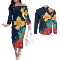 Polynesian Hibiscus Flower Waves Pattern Couples Matching Off The Shoulder Long Sleeve Dress and Long Sleeve Button Shirt LT9 Dark Blue - Polynesian Pride