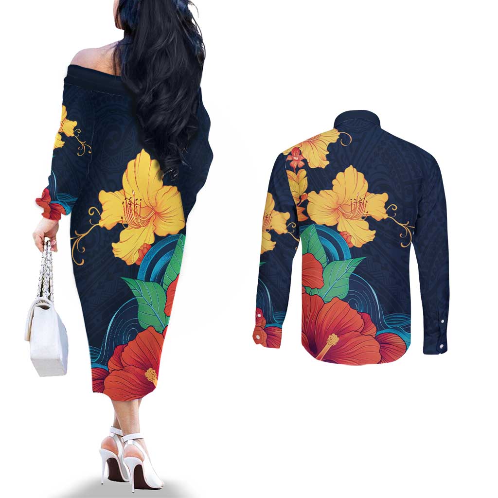 Polynesian Hibiscus Flower Waves Pattern Couples Matching Off The Shoulder Long Sleeve Dress and Long Sleeve Button Shirt LT9 - Polynesian Pride