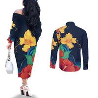 Polynesian Hibiscus Flower Waves Pattern Couples Matching Off The Shoulder Long Sleeve Dress and Long Sleeve Button Shirt LT9 - Polynesian Pride