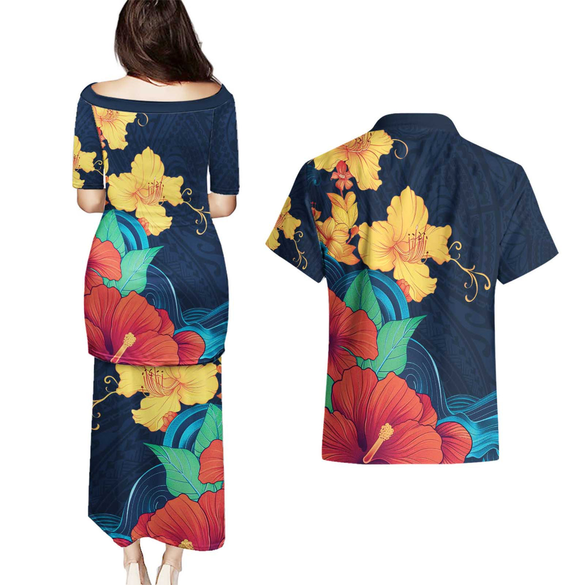 Polynesian Hibiscus Flower Waves Pattern Couples Matching Puletasi and Hawaiian Shirt LT9 - Polynesian Pride