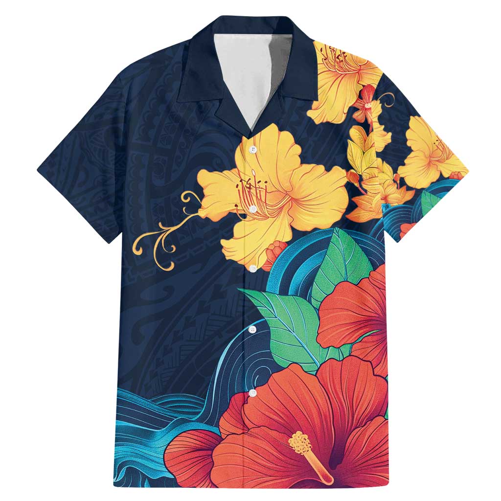 Polynesian Hibiscus Flower Waves Pattern Family Matching Mermaid Dress and Hawaiian Shirt