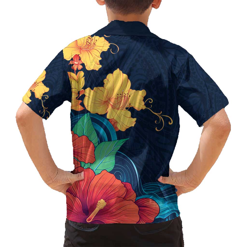 Polynesian Hibiscus Flower Waves Pattern Family Matching Tank Maxi Dress and Hawaiian Shirt