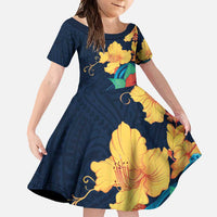Polynesian Hibiscus Flower Waves Pattern Family Matching Tank Maxi Dress and Hawaiian Shirt