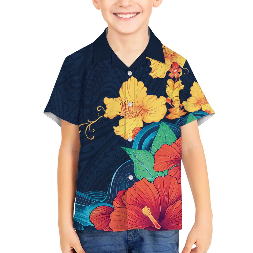 Polynesian Hibiscus Flower Waves Pattern Family Matching Tank Maxi Dress and Hawaiian Shirt