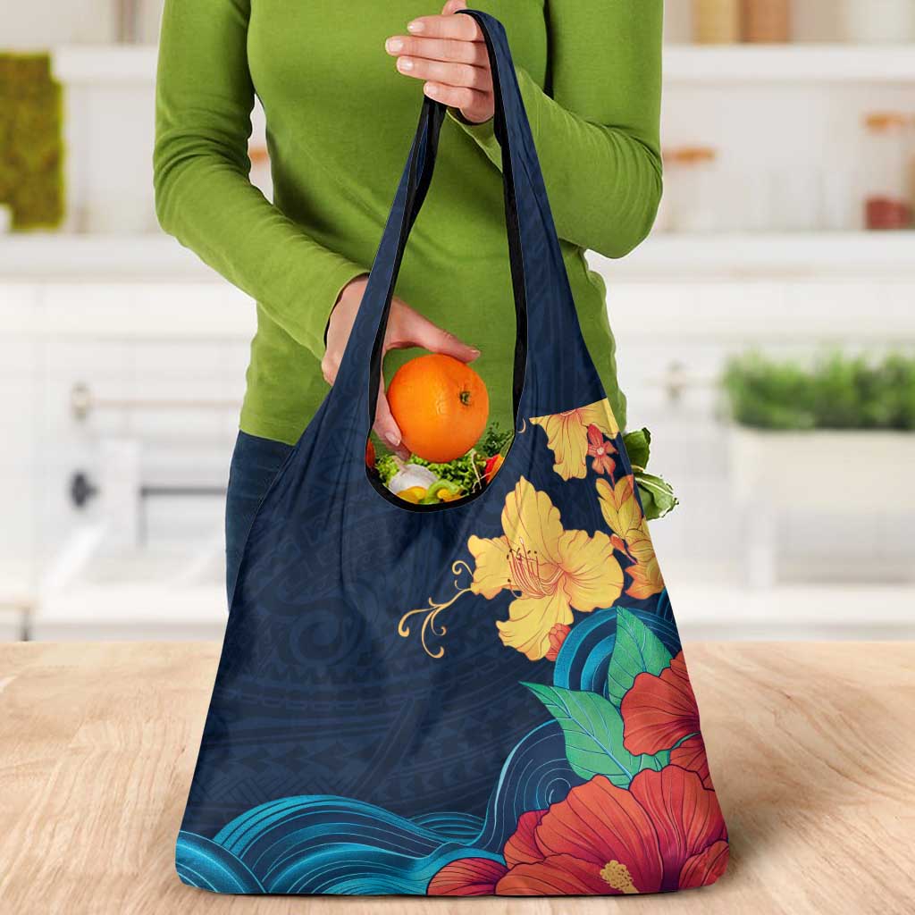 Polynesian Hibiscus Flower Waves Pattern Grocery Bag
