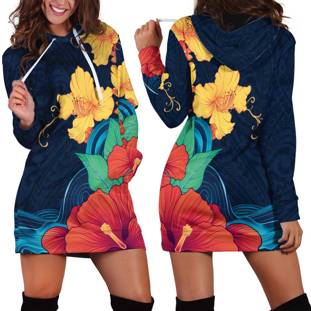 Polynesian Hibiscus Flower Waves Pattern Hoodie Dress