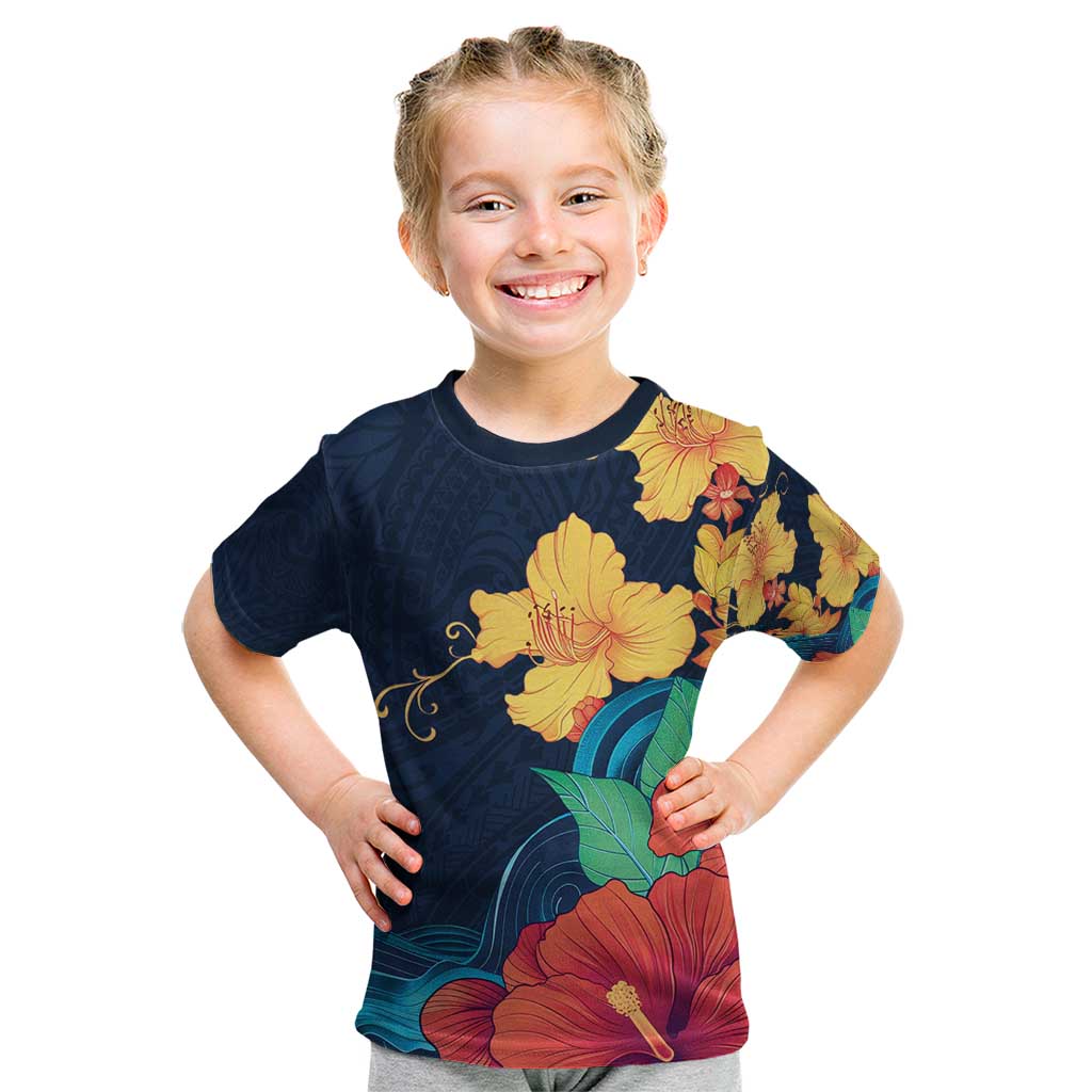 Polynesian Hibiscus Flower Waves Pattern Kid T Shirt LT9 Dark Blue - Polynesian Pride