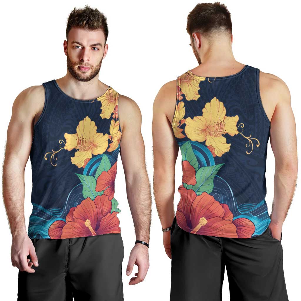 Polynesian Hibiscus Flower Waves Pattern Men Tank Top