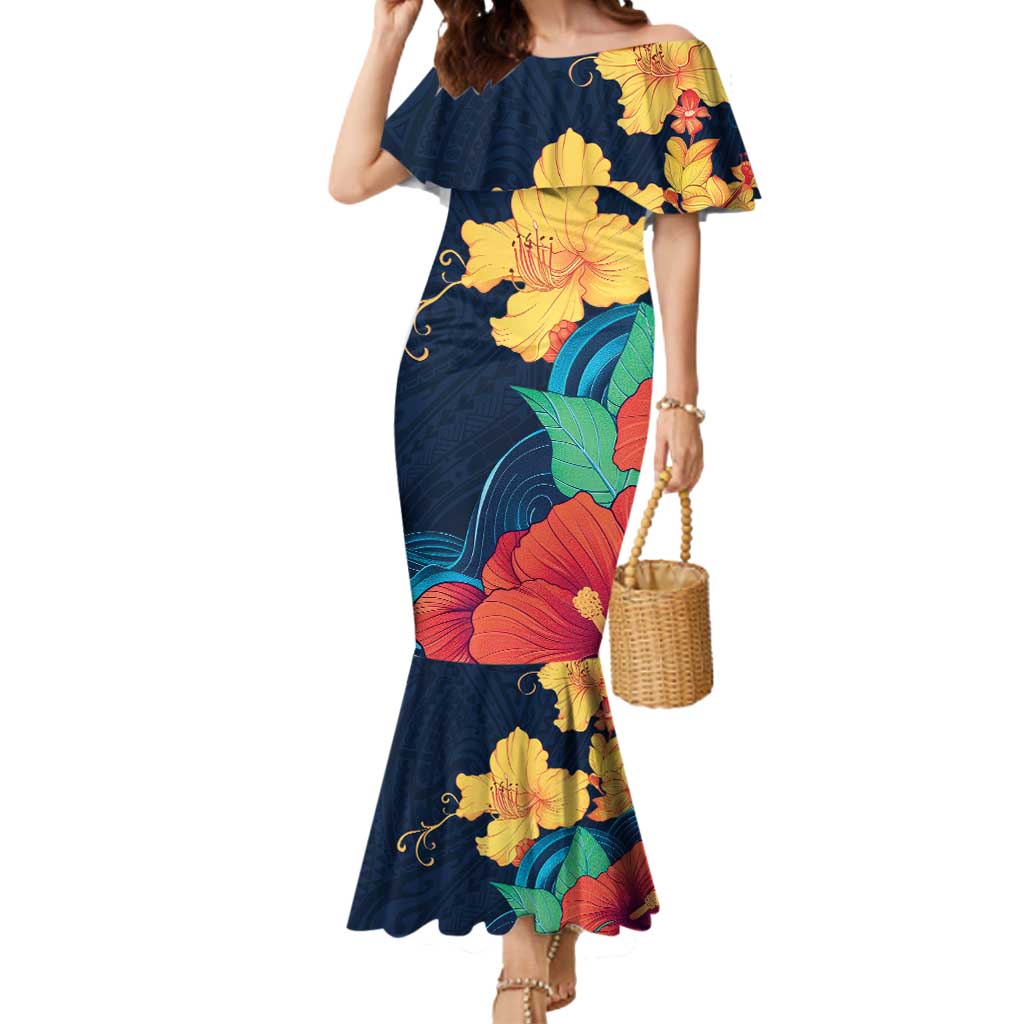 Polynesian Hibiscus Flower Waves Pattern Mermaid Dress LT9 Women Dark Blue - Polynesian Pride