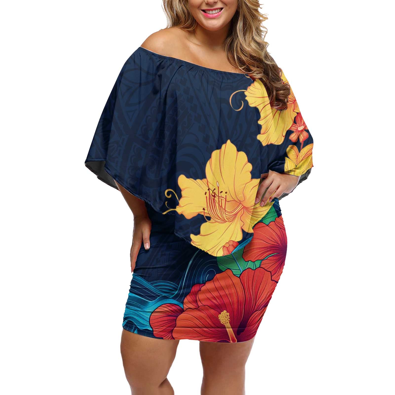 Polynesian Hibiscus Flower Waves Pattern Off Shoulder Short Dress