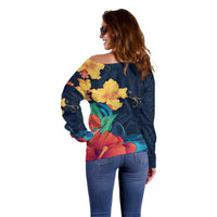 Polynesian Hibiscus Flower Waves Pattern Off Shoulder Sweater