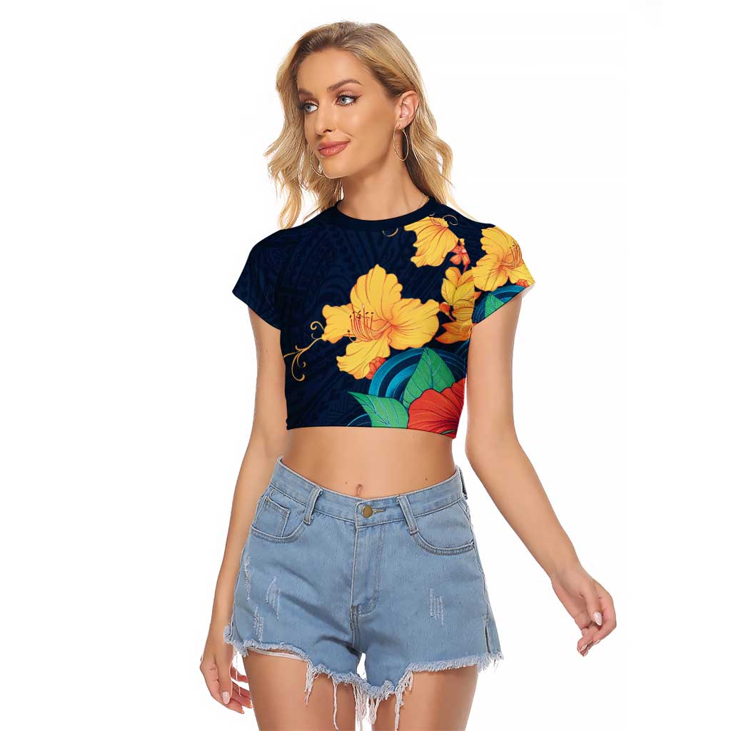 Polynesian Hibiscus Flower Waves Pattern Raglan Cropped T Shirt LT9 Female Dark Blue - Polynesian Pride