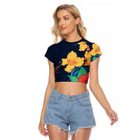 Polynesian Hibiscus Flower Waves Pattern Raglan Cropped T Shirt LT9 Female Dark Blue - Polynesian Pride