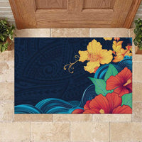 Polynesian Hibiscus Flower Waves Pattern Rubber Doormat