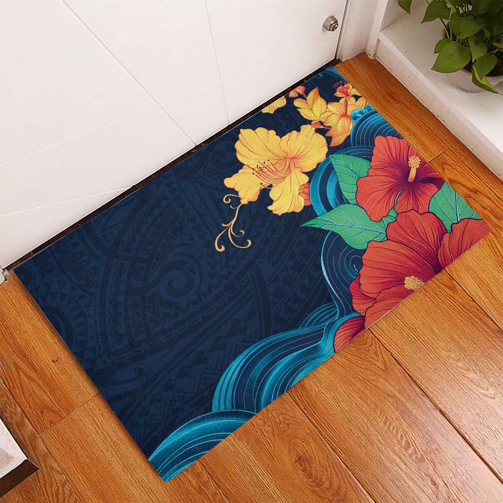 Polynesian Hibiscus Flower Waves Pattern Rubber Doormat