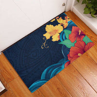 Polynesian Hibiscus Flower Waves Pattern Rubber Doormat