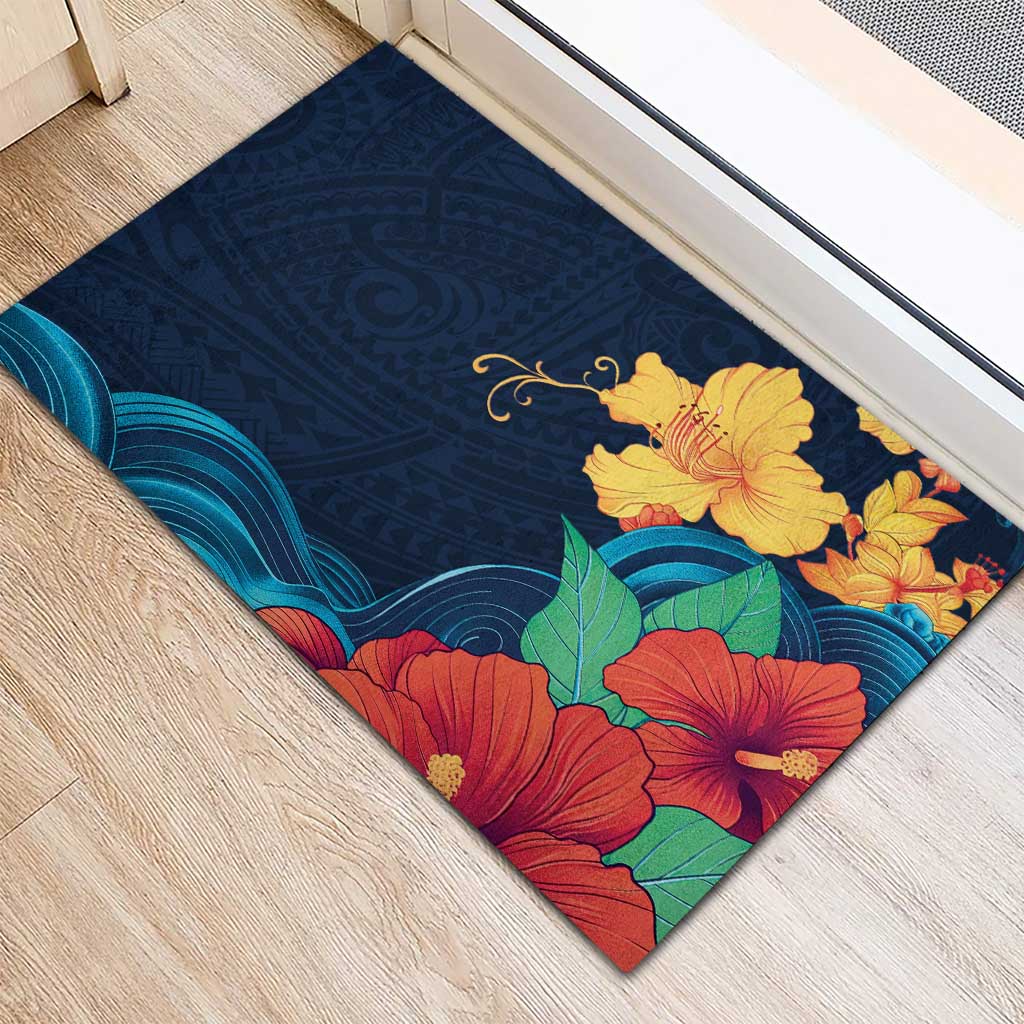 Polynesian Hibiscus Flower Waves Pattern Rubber Doormat