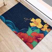 Polynesian Hibiscus Flower Waves Pattern Rubber Doormat
