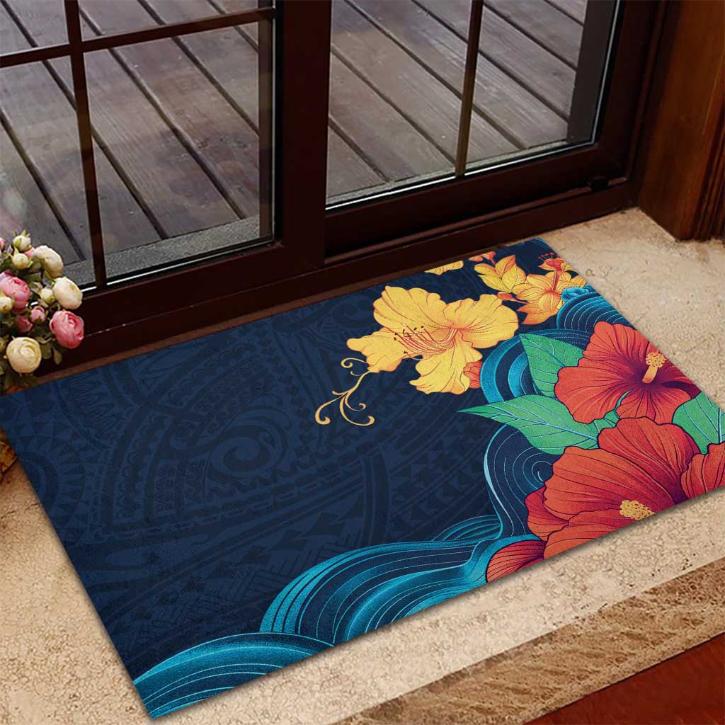 Polynesian Hibiscus Flower Waves Pattern Rubber Doormat