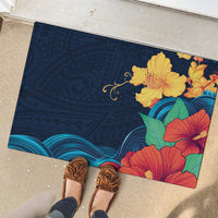 Polynesian Hibiscus Flower Waves Pattern Rubber Doormat