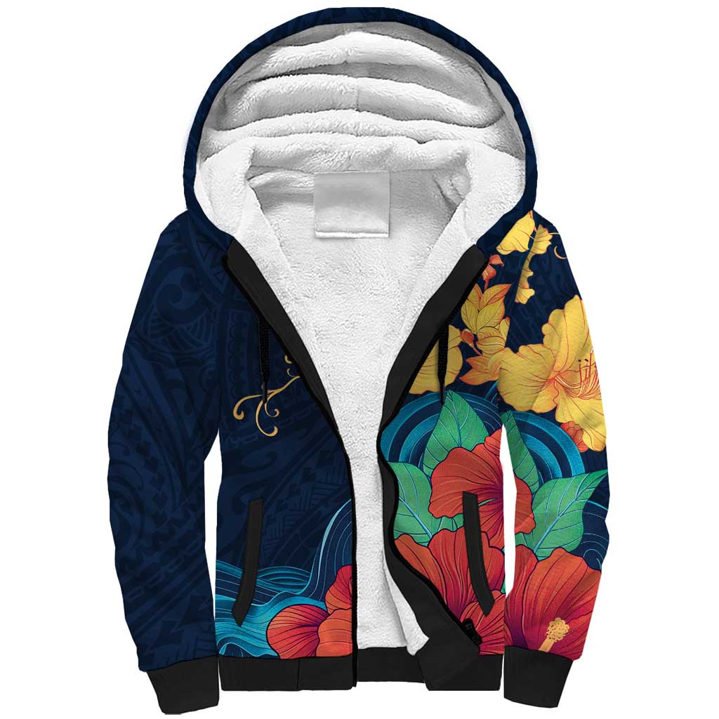 Polynesian Hibiscus Flower Waves Pattern Sherpa Hoodie