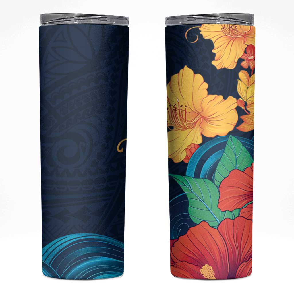 Polynesian Hibiscus Flower Waves Pattern Skinny Tumbler