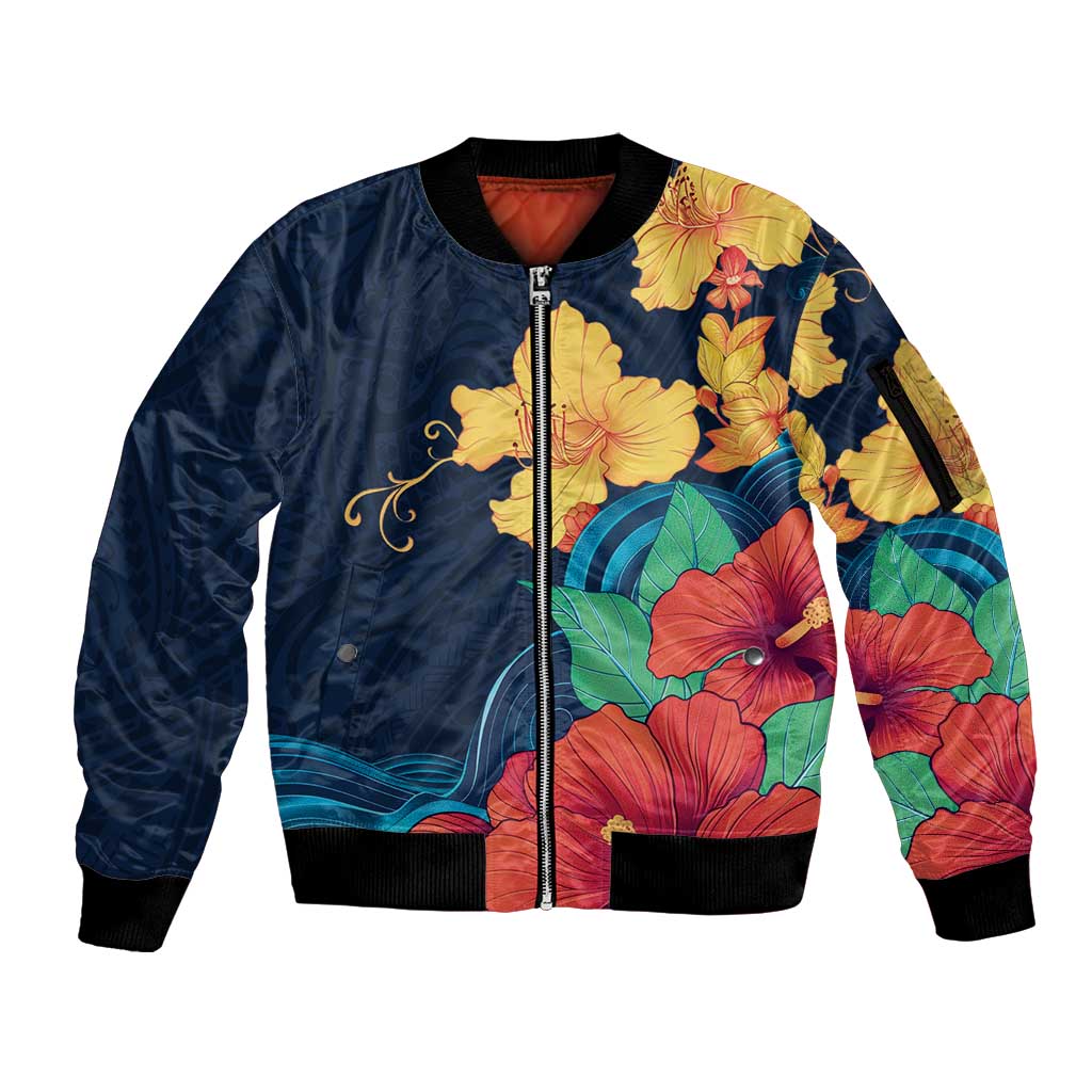 Polynesian Hibiscus Flower Waves Pattern Sleeve Zip Bomber Jacket