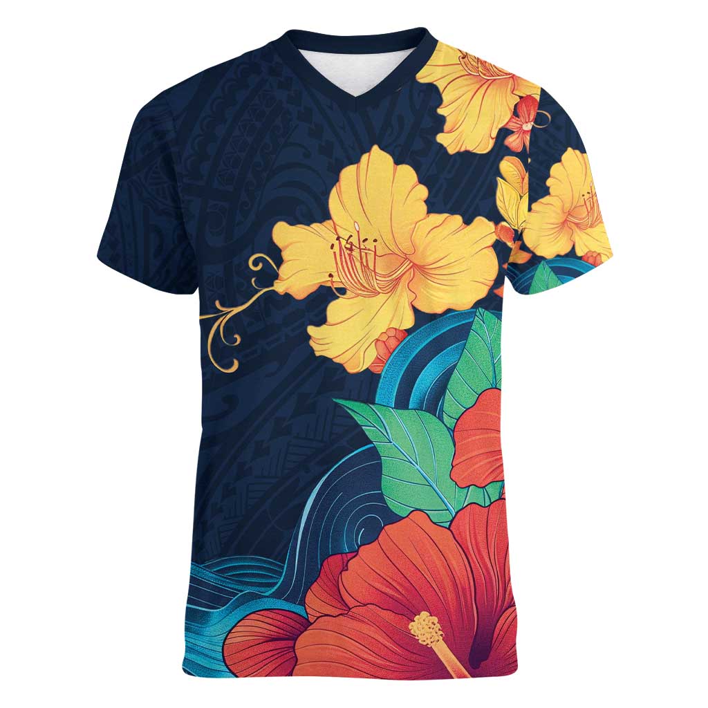 Polynesian Hibiscus Flower Waves Pattern Women V-Neck T-Shirt LT9 Female Dark Blue - Polynesian Pride