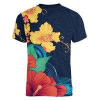 Polynesian Hibiscus Flower Waves Pattern Women V-Neck T-Shirt LT9 - Polynesian Pride
