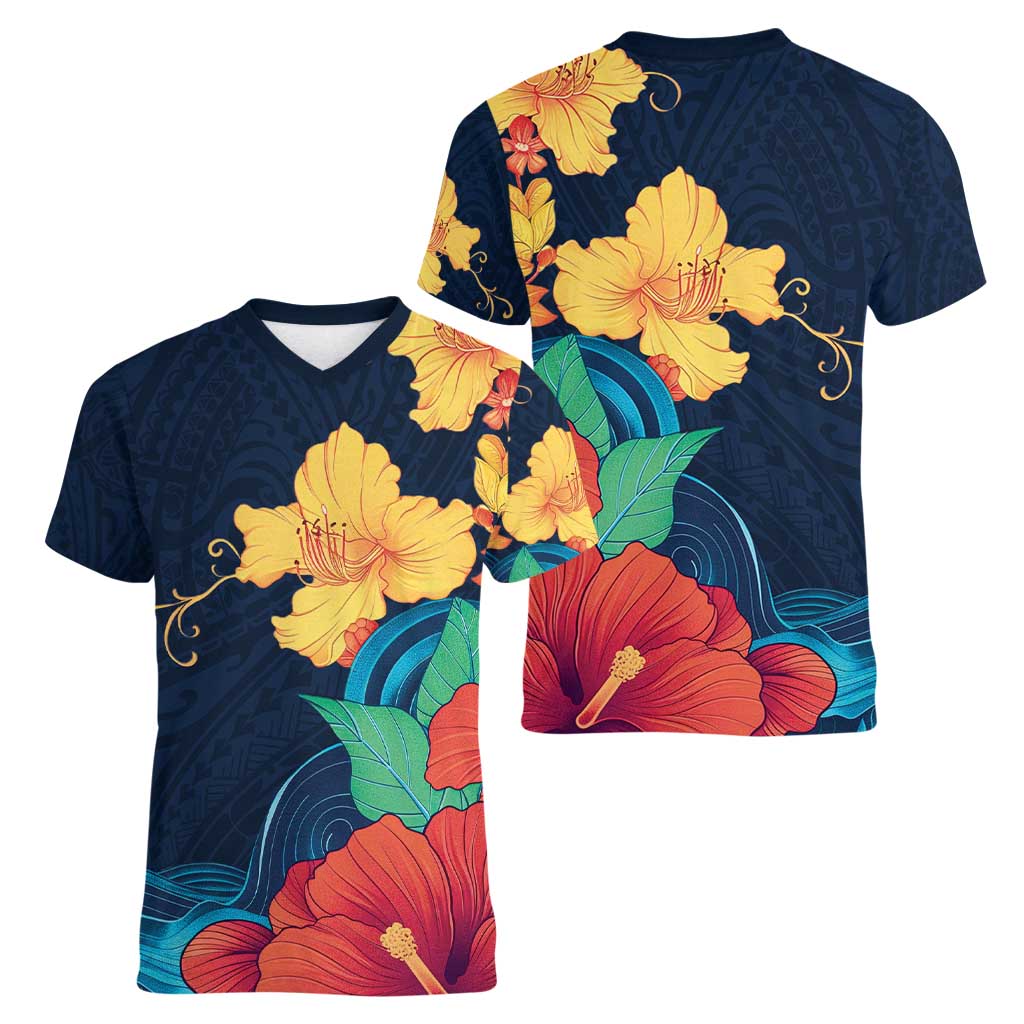 Polynesian Hibiscus Flower Waves Pattern Women V-Neck T-Shirt LT9 - Polynesian Pride