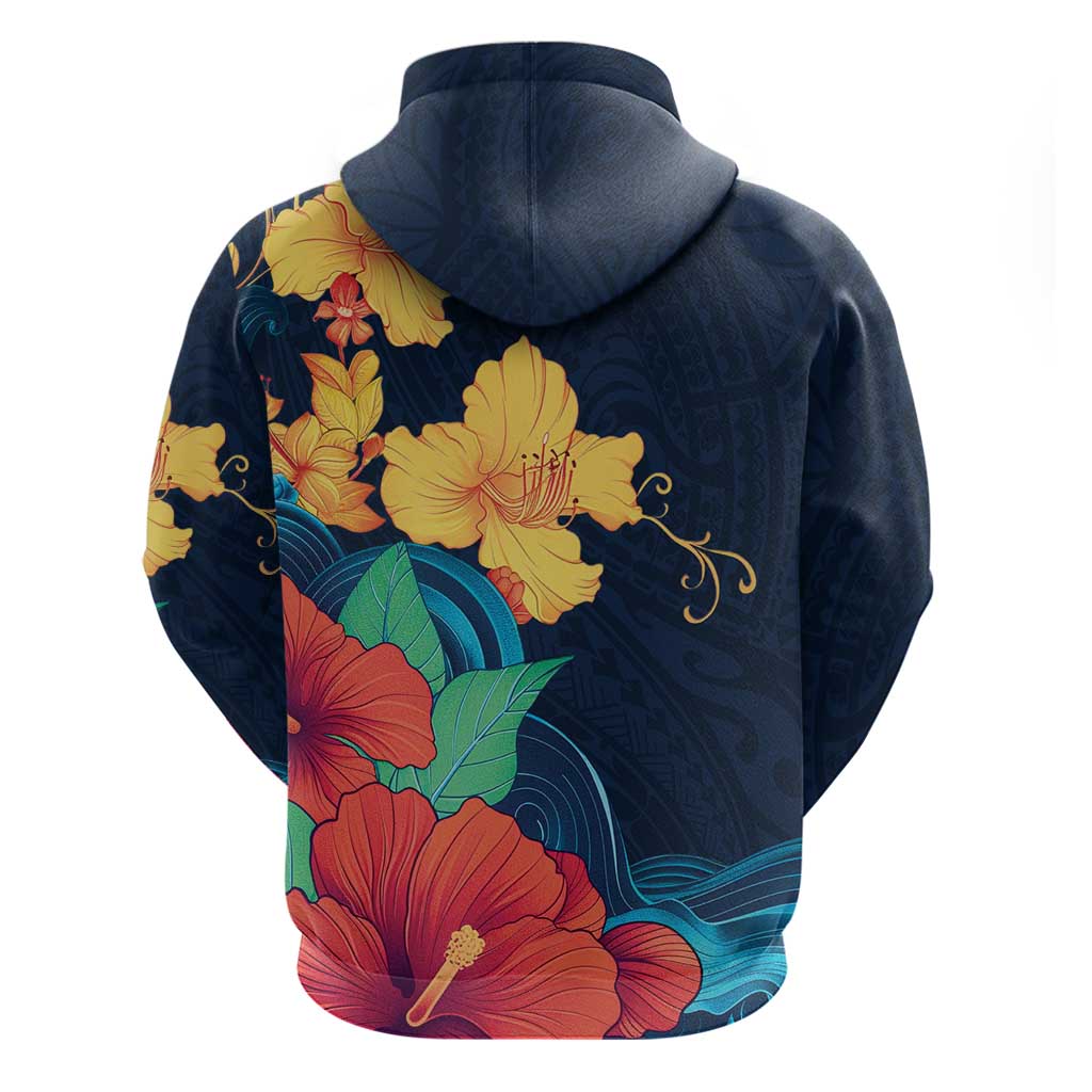 Polynesian Hibiscus Flower Waves Pattern Zip Hoodie
