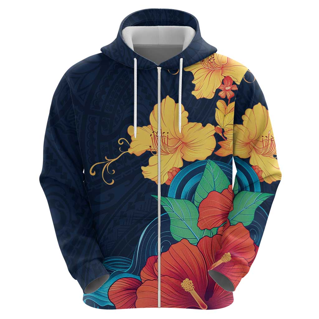Polynesian Hibiscus Flower Waves Pattern Zip Hoodie