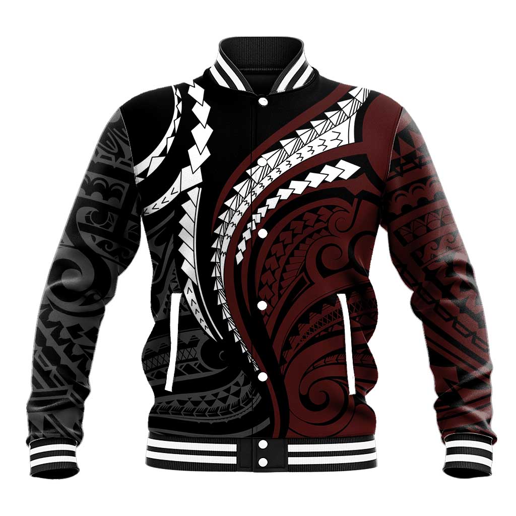 Polynesian Oxblood Line Art Tribal Tattoo Baseball Jacket