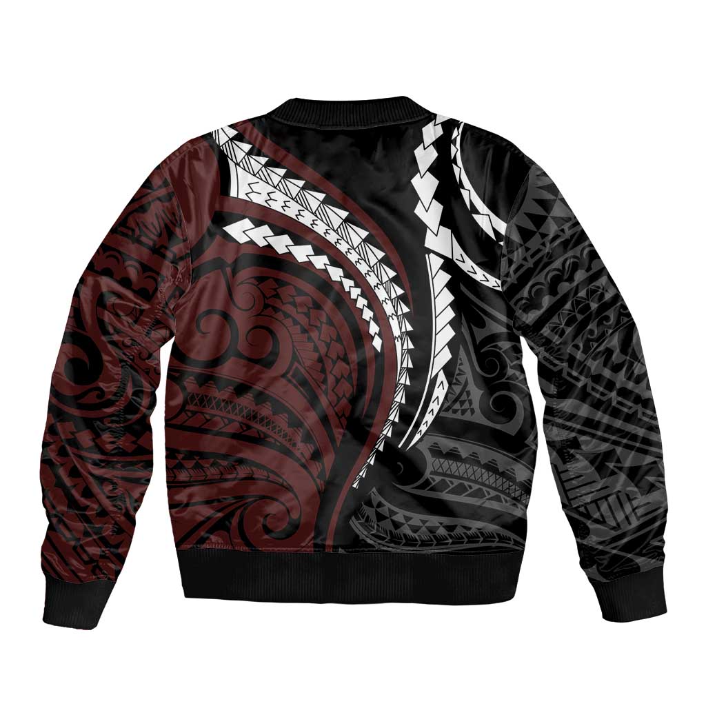 Polynesian Oxblood Line Art Tribal Tattoo Bomber Jacket