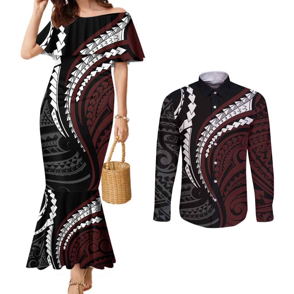 Polynesian Oxblood Line Art Tribal Tattoo Couples Matching Mermaid Dress and Long Sleeve Button Shirt LT9 Beige - Polynesian Pride