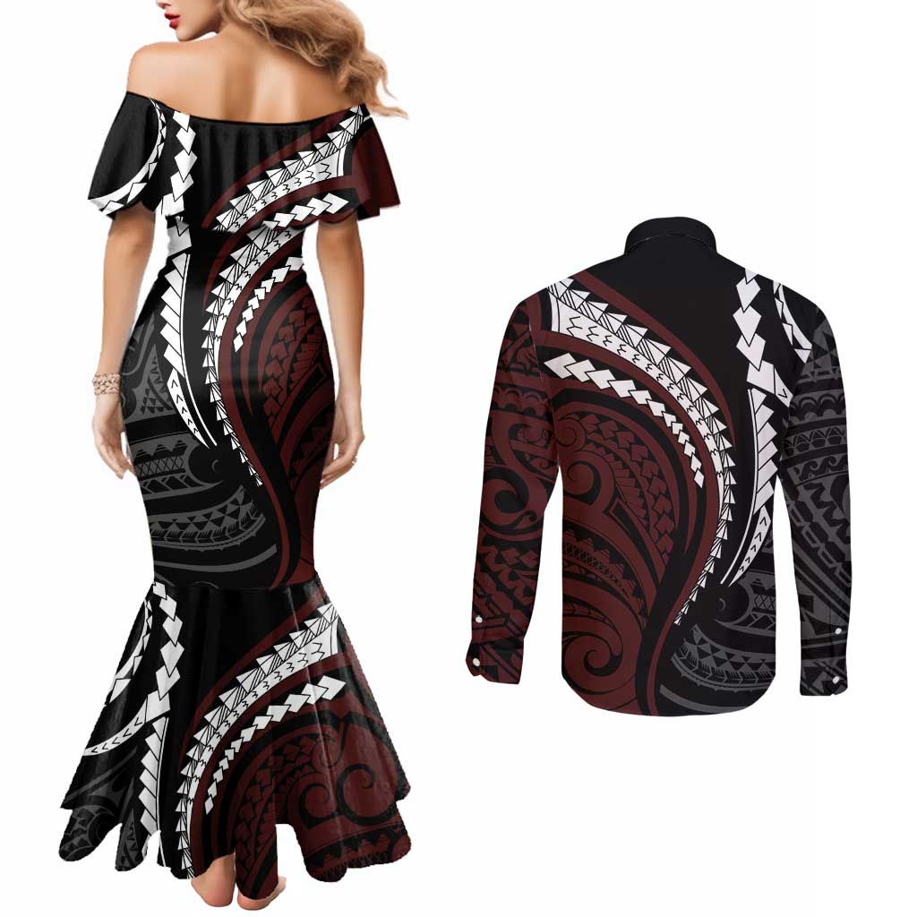 Polynesian Oxblood Line Art Tribal Tattoo Couples Matching Mermaid Dress and Long Sleeve Button Shirt LT9 - Polynesian Pride