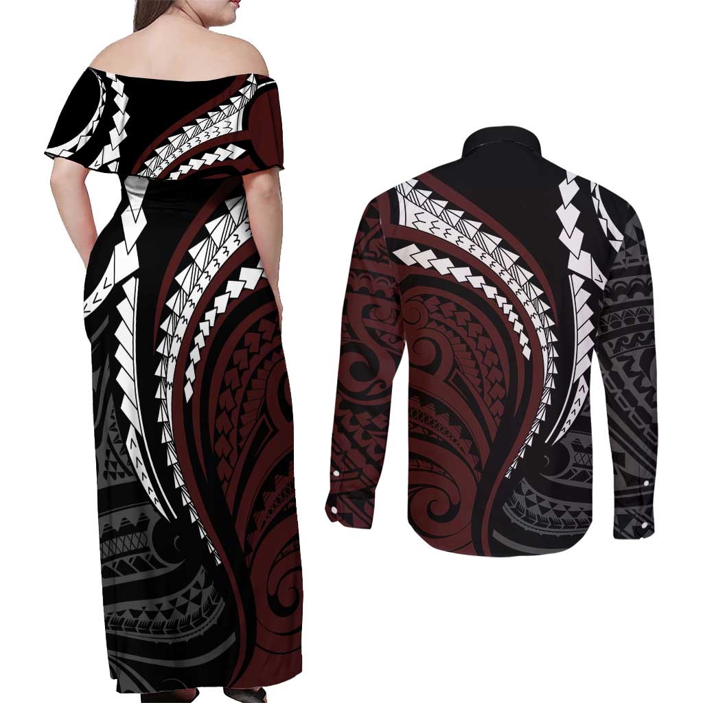 Polynesian Oxblood Line Art Tribal Tattoo Couples Matching Off Shoulder Maxi Dress and Long Sleeve Button Shirt LT9 - Polynesian Pride