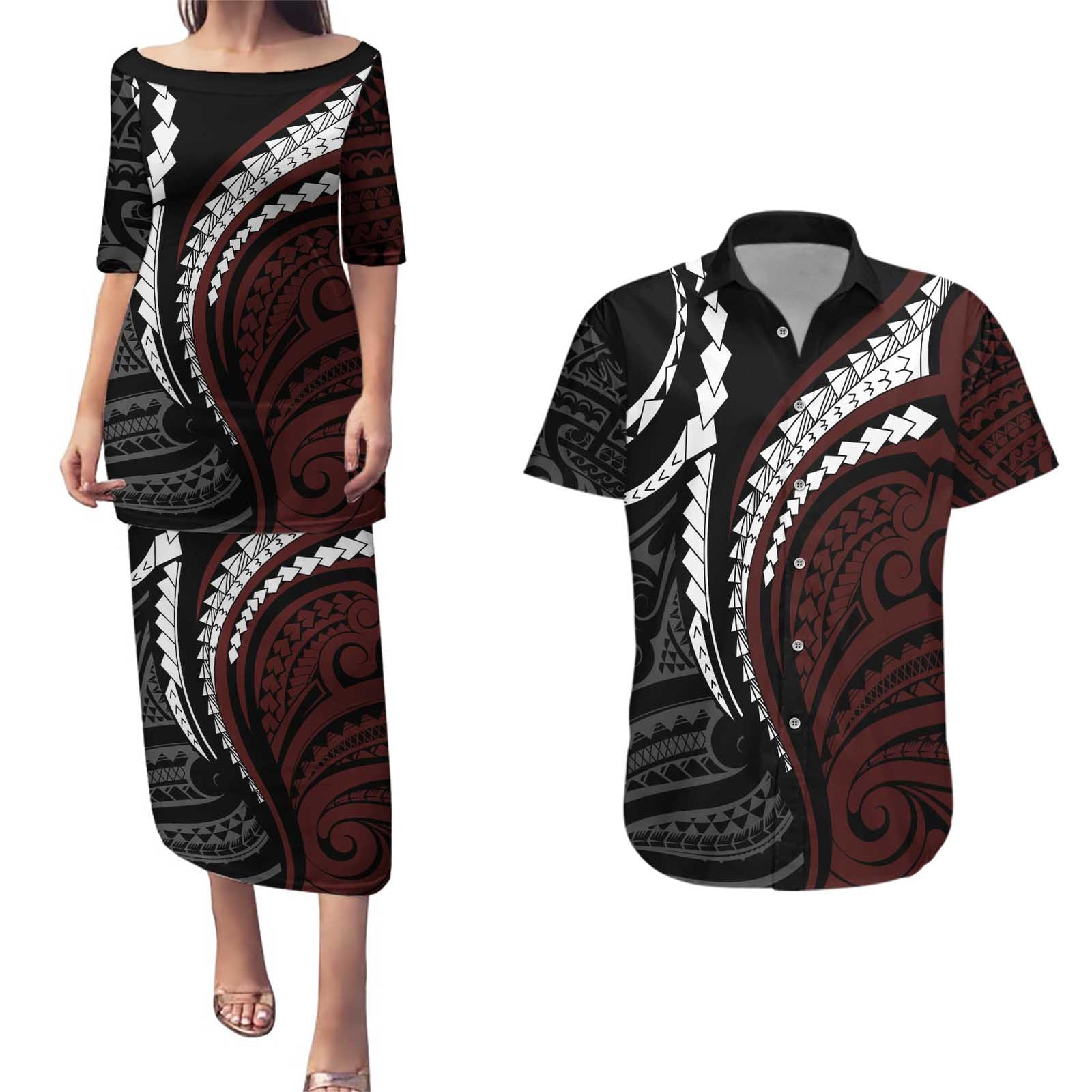 Polynesian Oxblood Line Art Tribal Tattoo Couples Matching Puletasi and Hawaiian Shirt