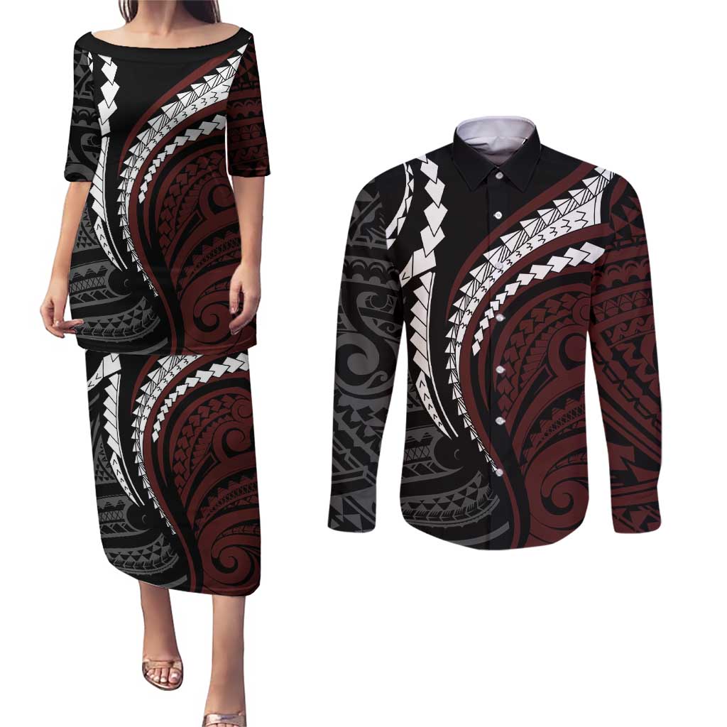 Polynesian Oxblood Line Art Tribal Tattoo Couples Matching Puletasi and Long Sleeve Button Shirt