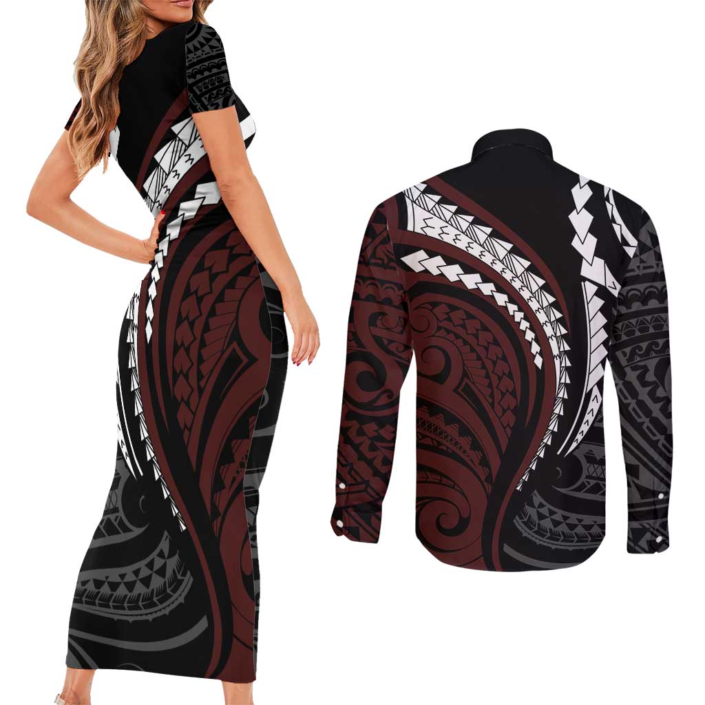 Polynesian Oxblood Line Art Tribal Tattoo Couples Matching Short Sleeve Bodycon Dress and Long Sleeve Button Shirt LT9 - Polynesian Pride